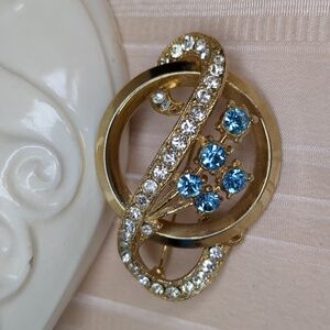Vintage 60s Blue Rhinestone Brooch Round Crystal Layered Scroll Mid Century
